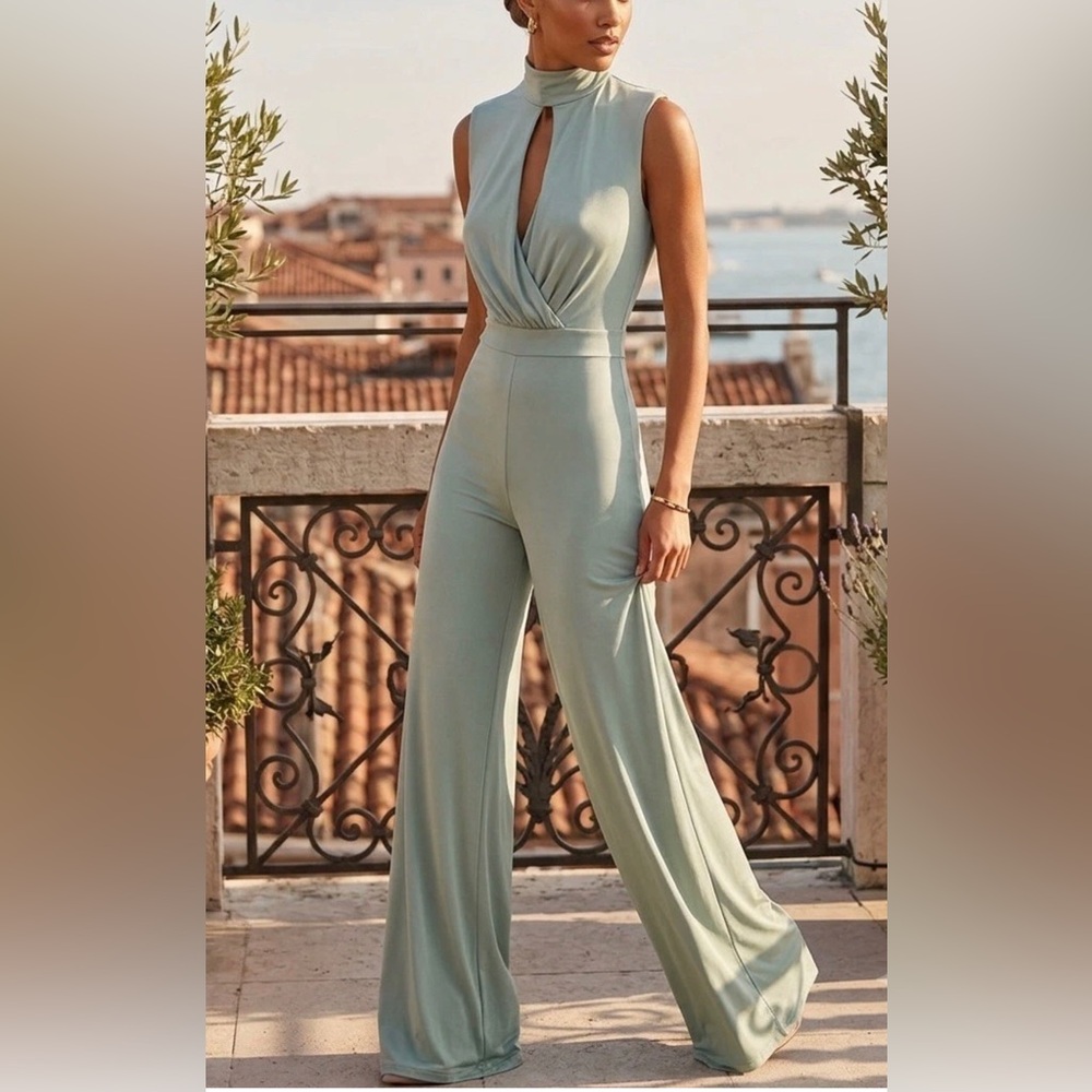 Lac Blue Green V-Neck Sleeveless Cut-Out Wide-Leg Stretch Jumpsuit S